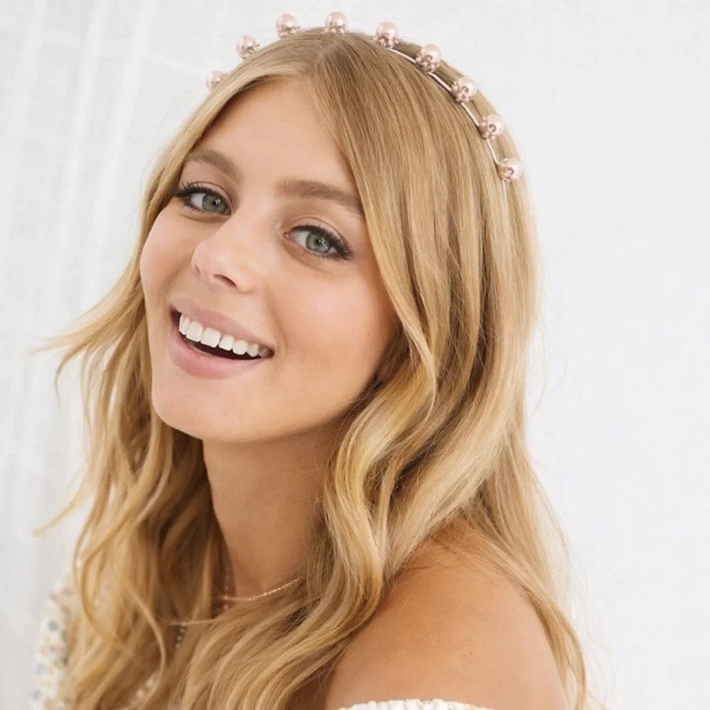Johnny Loves Rosie Silver Pink Pearl Embellished Headband Wedding Prom Coquette